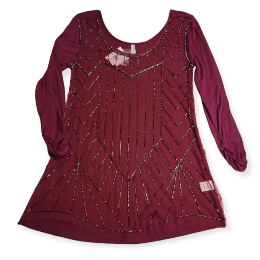 Vanity Sparkly Beaded Mesh Front Blouse Wine Color Women's Size S